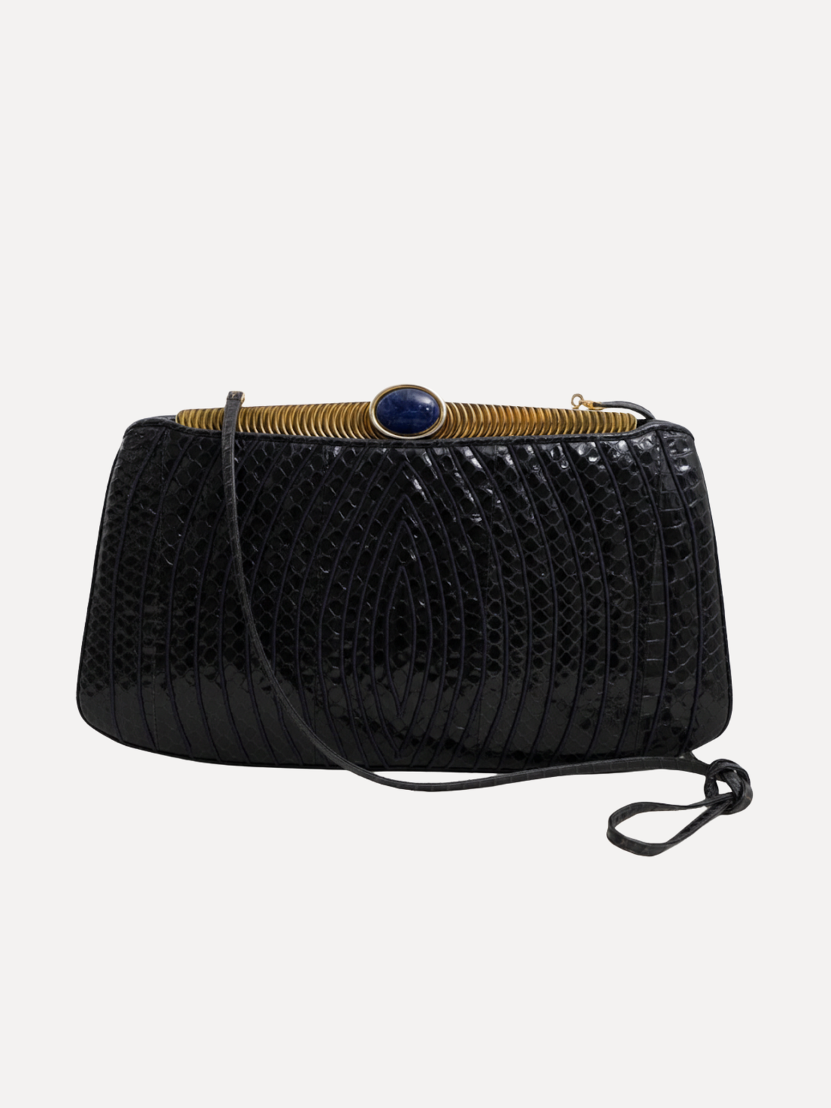Vintage Judith Leiber Black Snakeskin Clutch with Lapis Lazuli Clasp