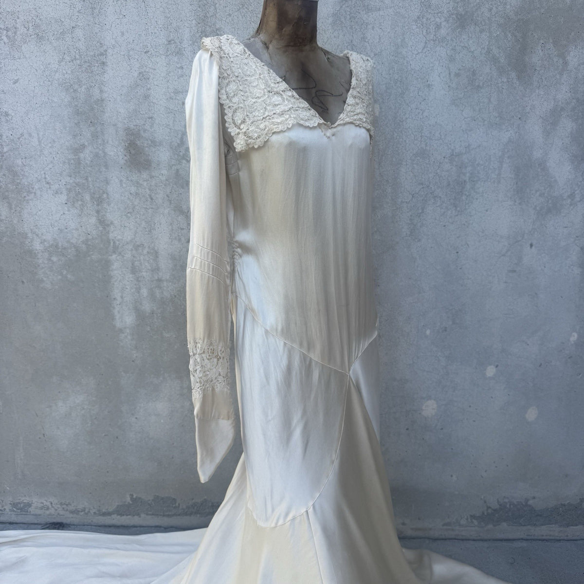 1930s Ivory Silk Satin Deco Wedding Gown with Brussels Lace
