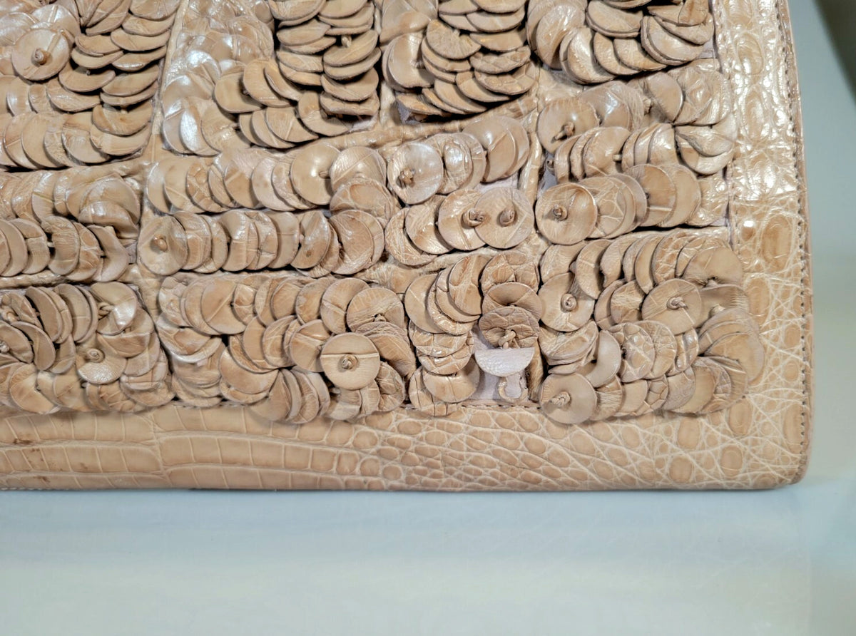Nancy Gonzalez Embellished Caiman Leather Clutch in Brown and Tan