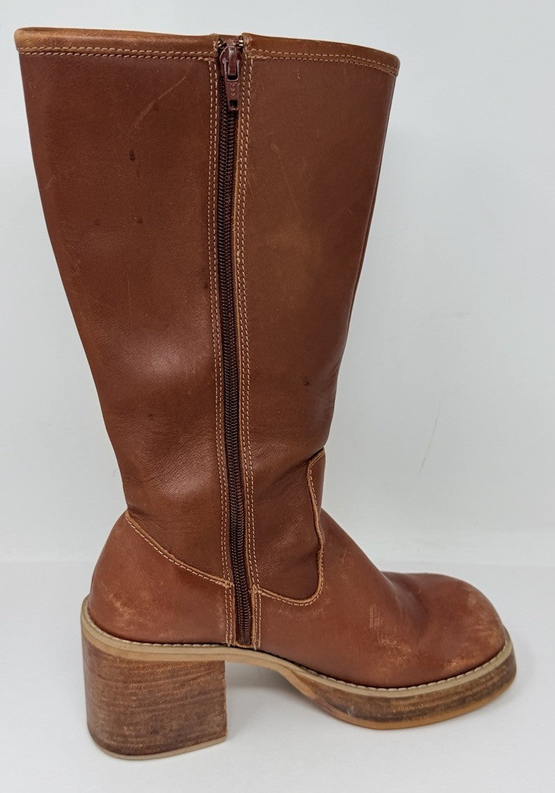 Frye Dorian Brown Leather Chunky Heel Platform Boots