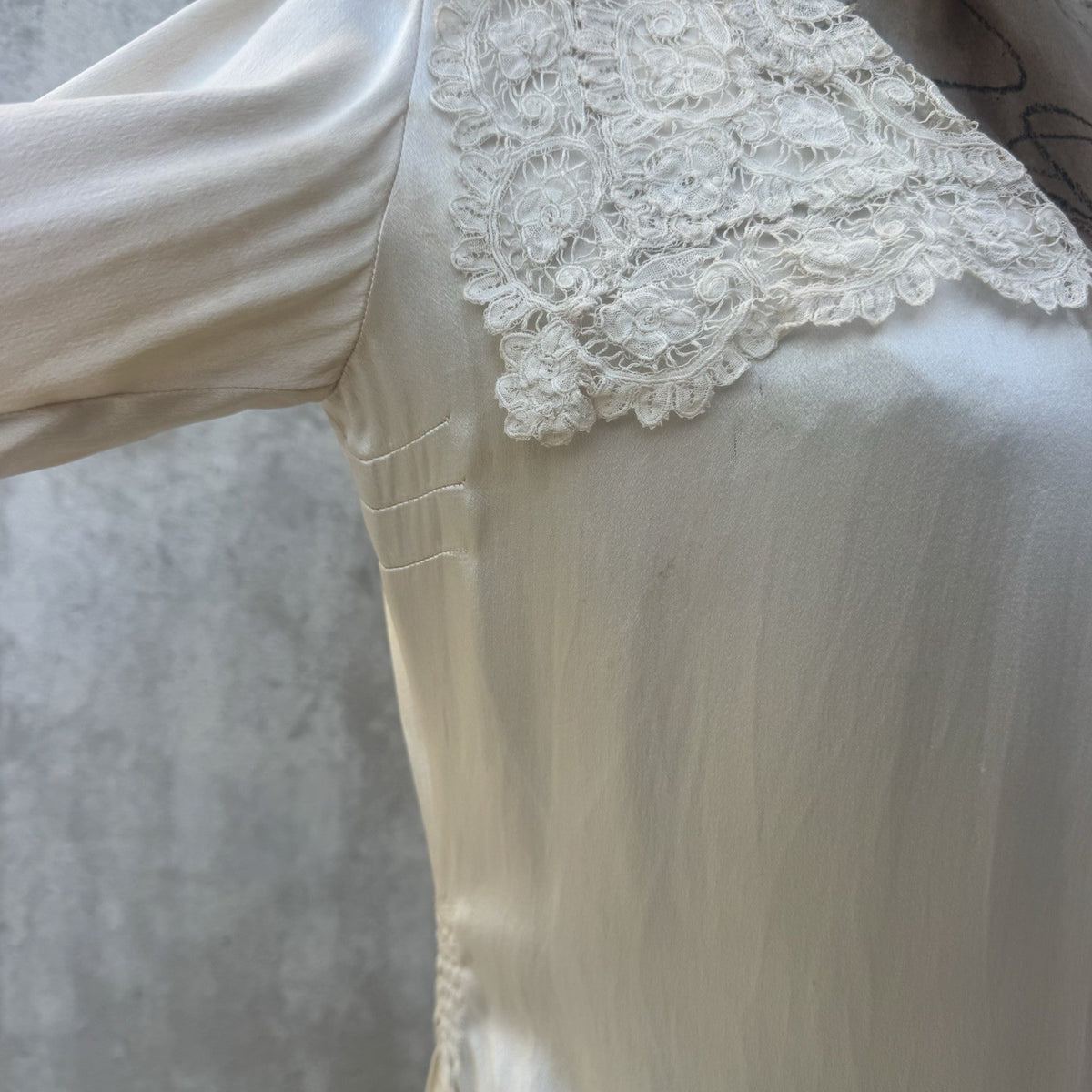1930s Ivory Silk Satin Deco Wedding Gown with Brussels Lace