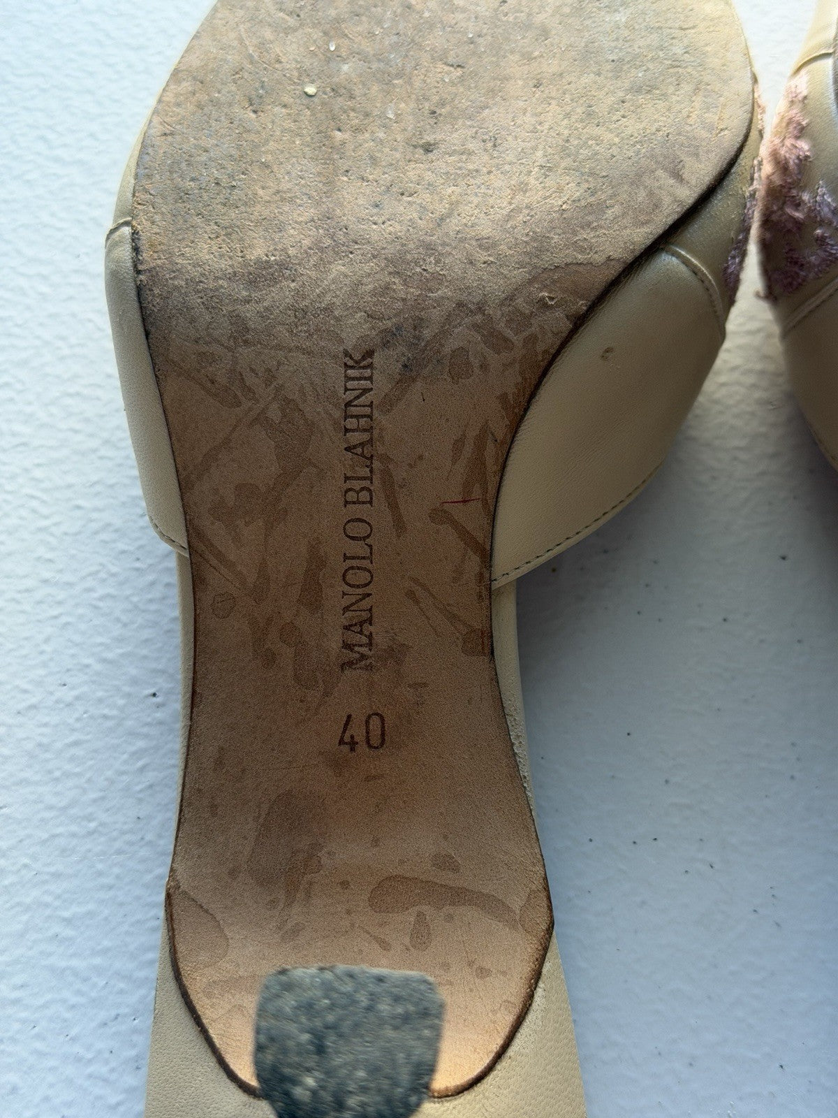 Vintage Manolo Blahnik Beige Pink Houndstooth Pointed Y2K Bow Mule Kitten