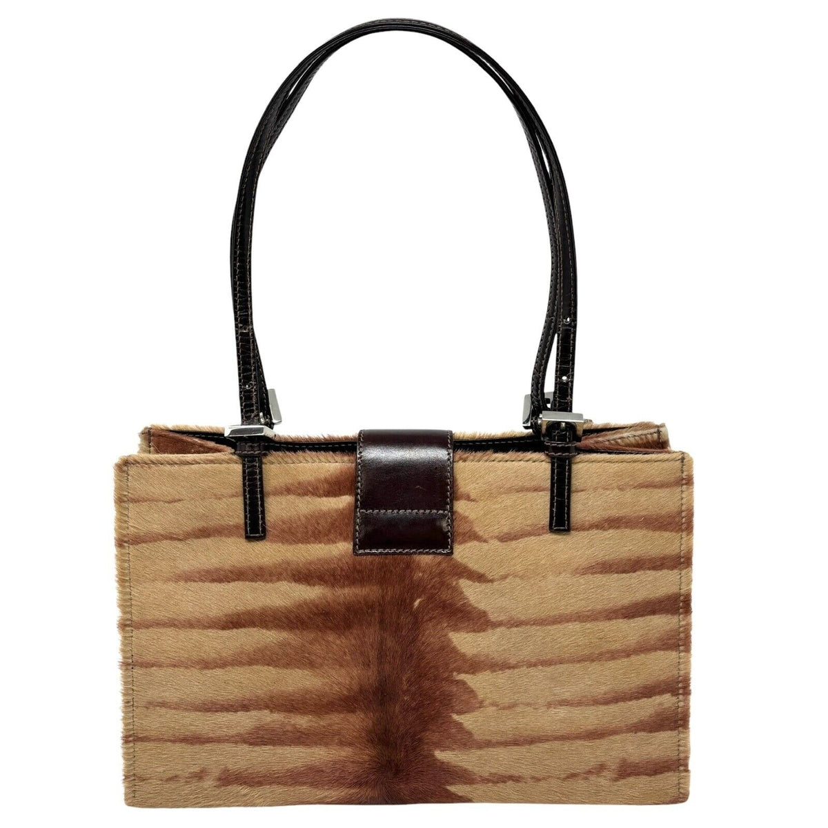 Fendi Vintage FF Logo Calf Hair Shoulder Bag, Brown & Silver