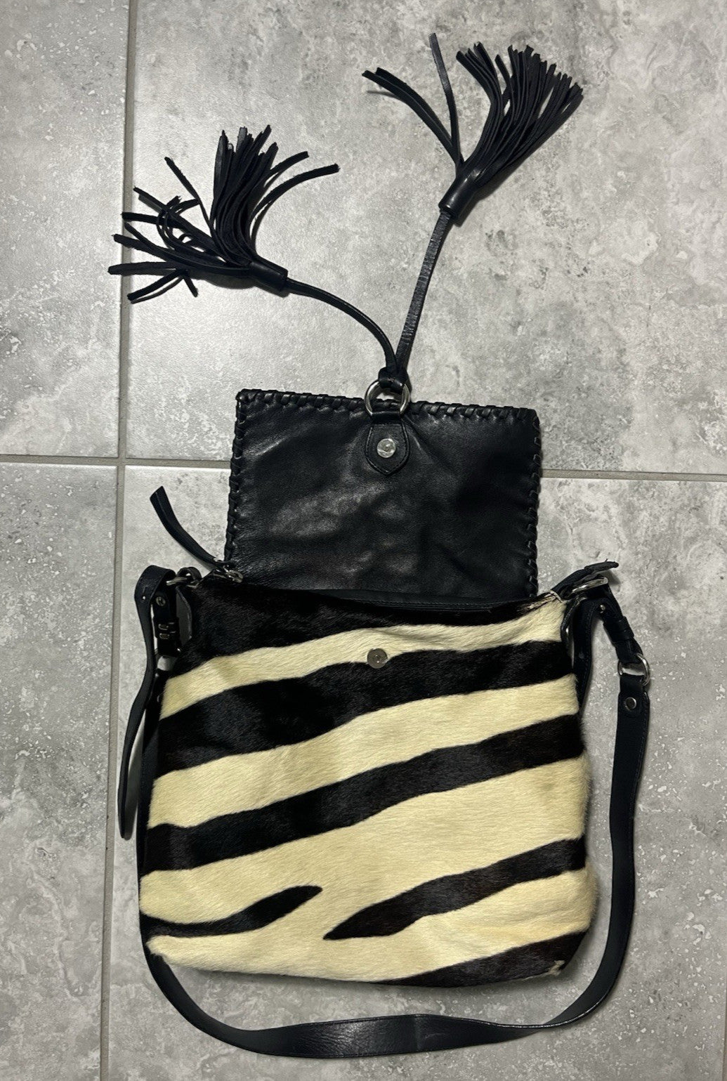 Cavalcanti Italy Leather & Cow Fur Crossbody Hobo Bag, Black & Cream