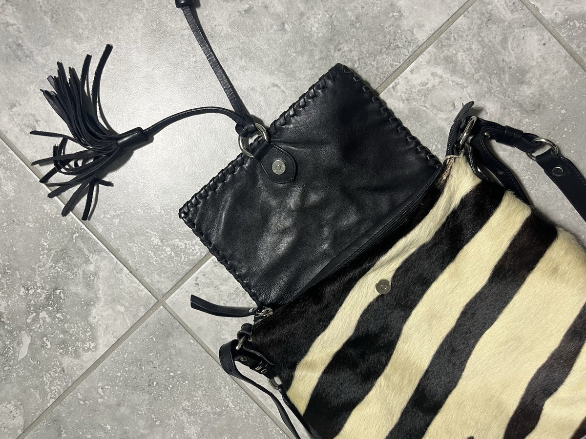 Cavalcanti Italy Leather & Cow Fur Crossbody Hobo Bag, Black & Cream