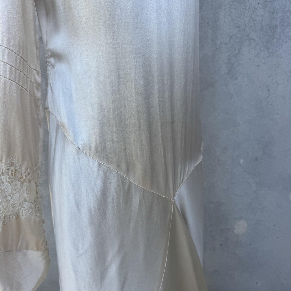 1930s Ivory Silk Satin Deco Wedding Gown with Brussels Lace