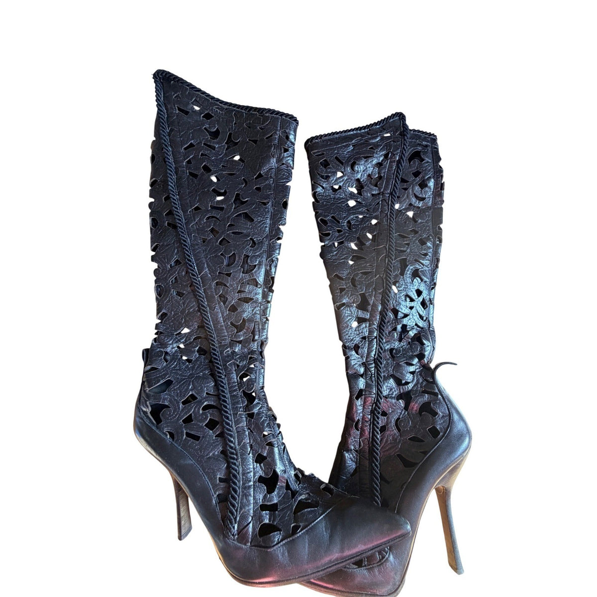 Giuseppe Zanotti Black Leather Cutout Knee High Boots