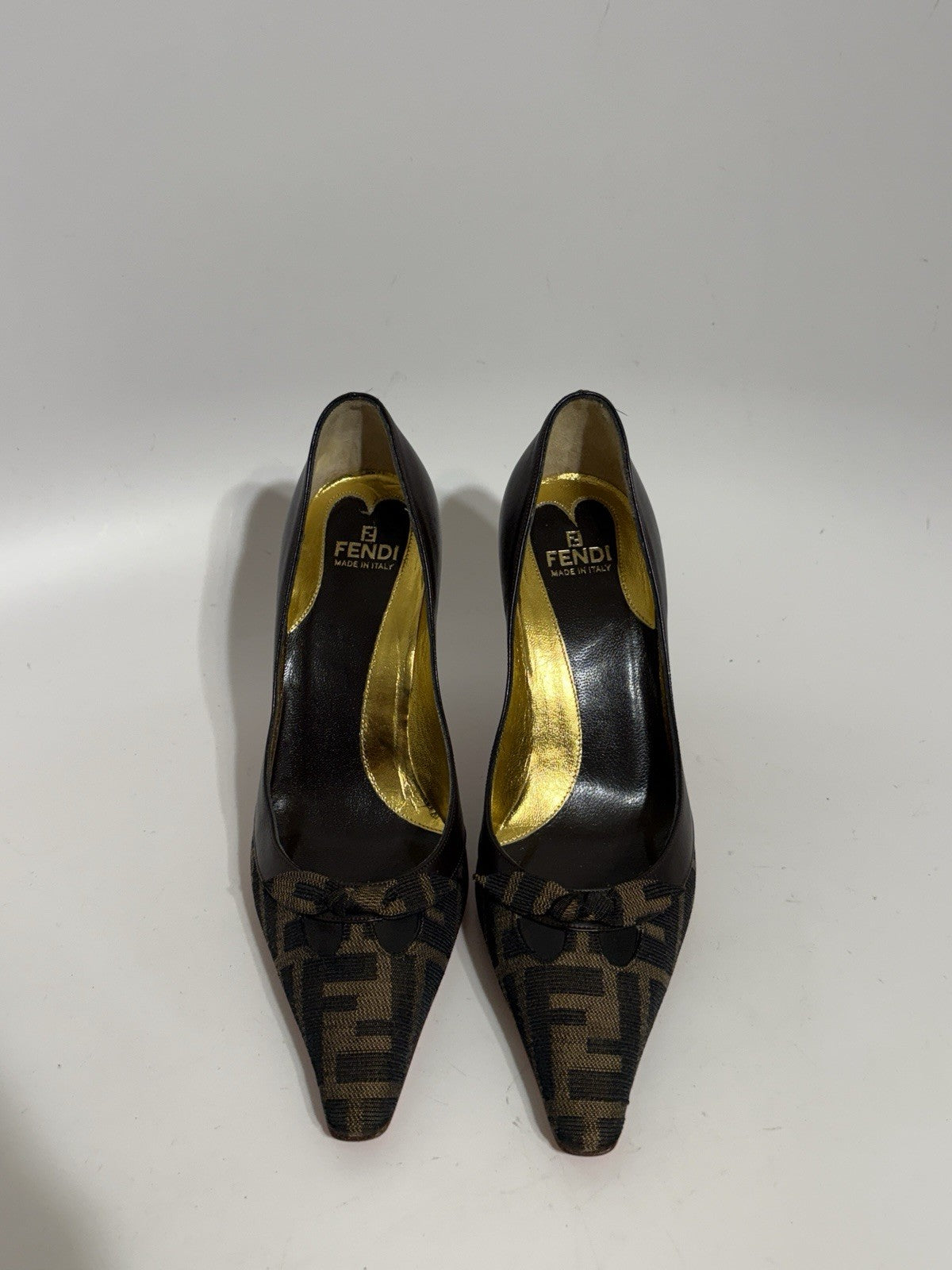 Fendi Zucca Monogram Heels in Brown, Size 35