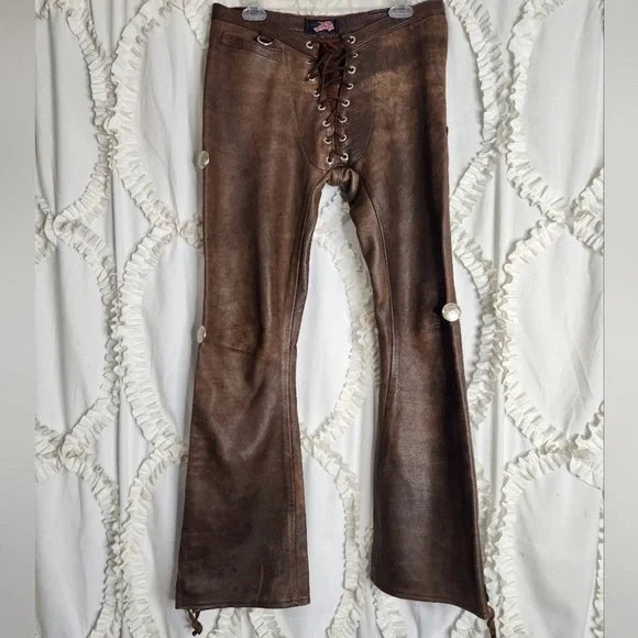 Agatha Blois Y2K Lace-Up Flare Pants Brown Leather