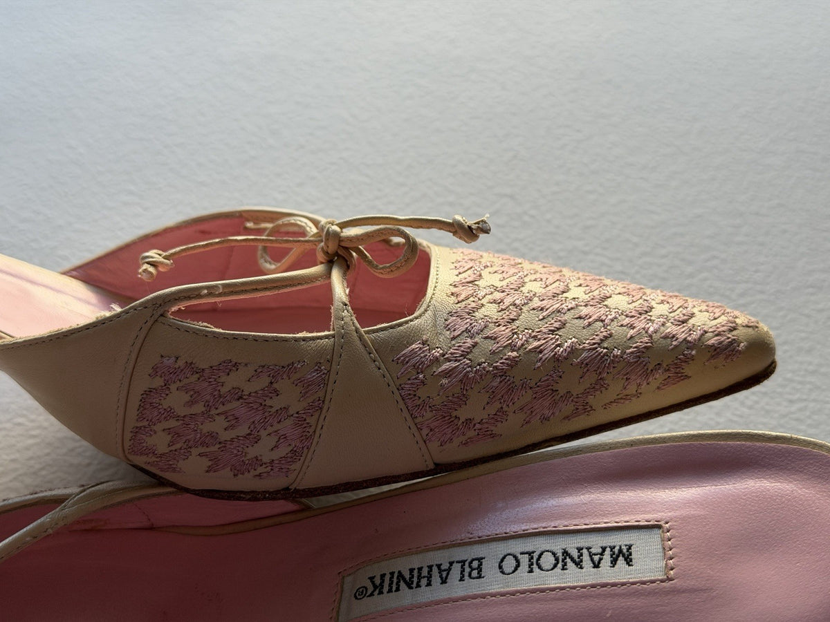 Vintage Manolo Blahnik Beige Pink Houndstooth Pointed Y2K Bow Mule Kitten