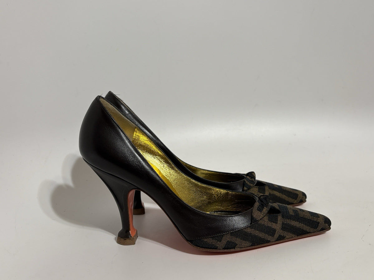 Fendi Zucca Monogram Heels in Brown, Size 35