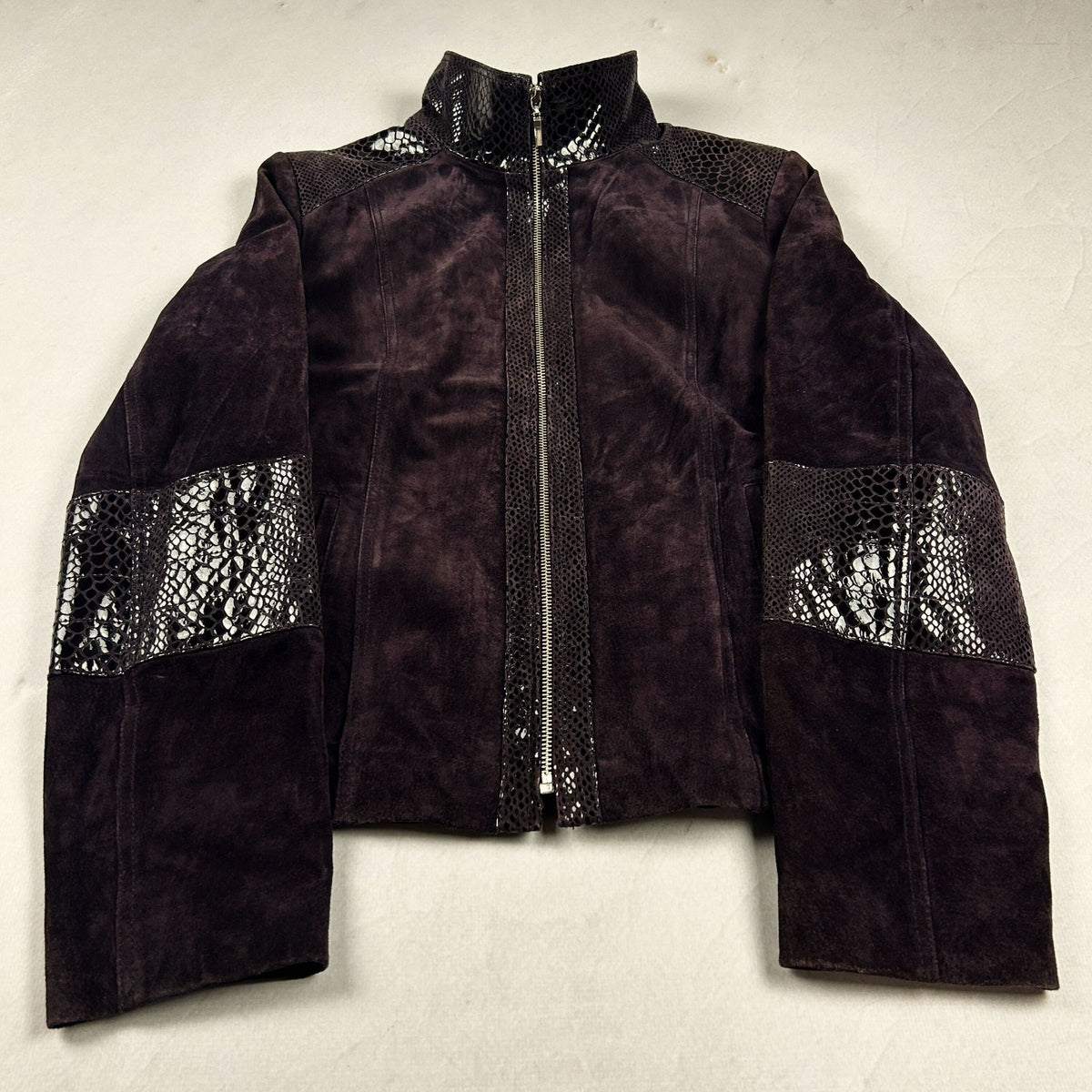 Vintage Y2K Genuine Suede Leather Jacket with Snakeskin Panel Moto