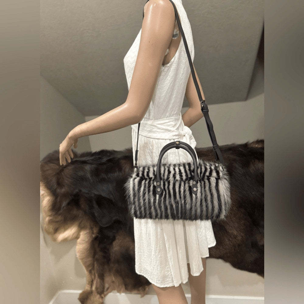 Genuine Mink Fur Pillow Bag with Top Handles and Crossbody Strap