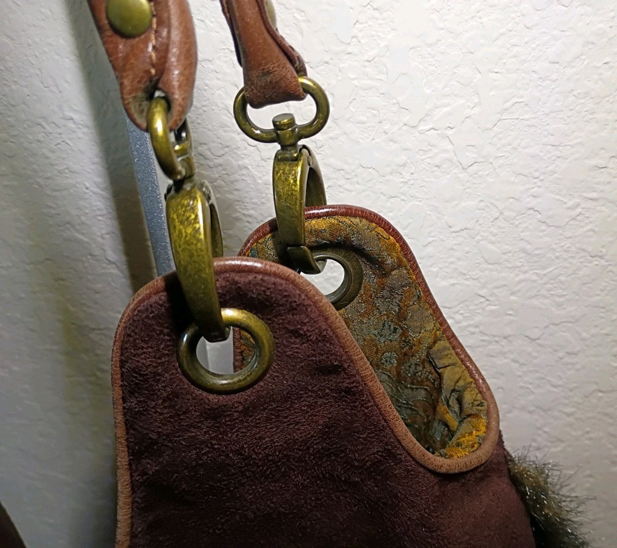Ipa-Nima Burgundy Leather Beaded Paisley Shoulder Bag with Faux Fur Trim