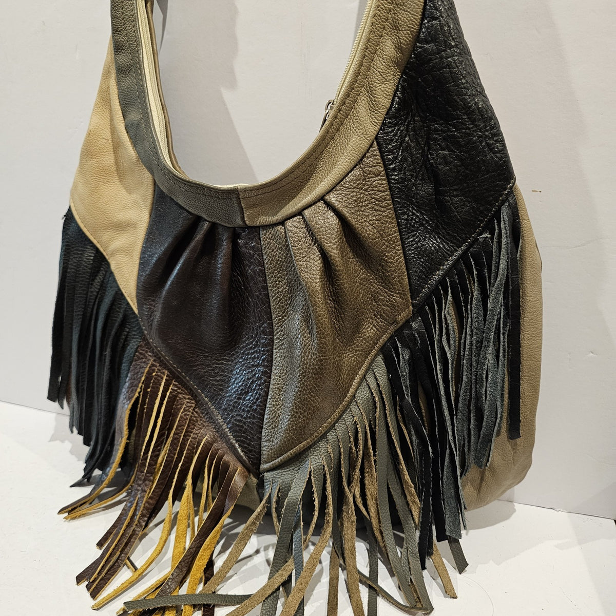 Vintage Leather Patchwork Fringe Hobo Bag