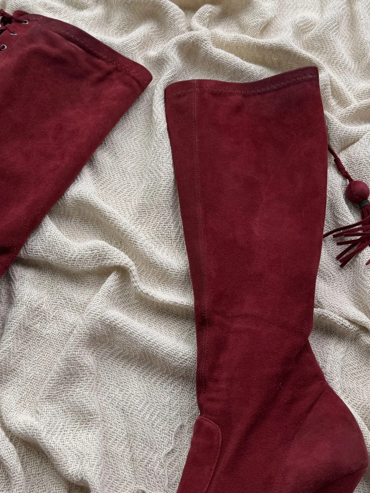 Vintage Burgundy Suede Knee High Boots Pointed Toe Stiletto Heels Lace Up