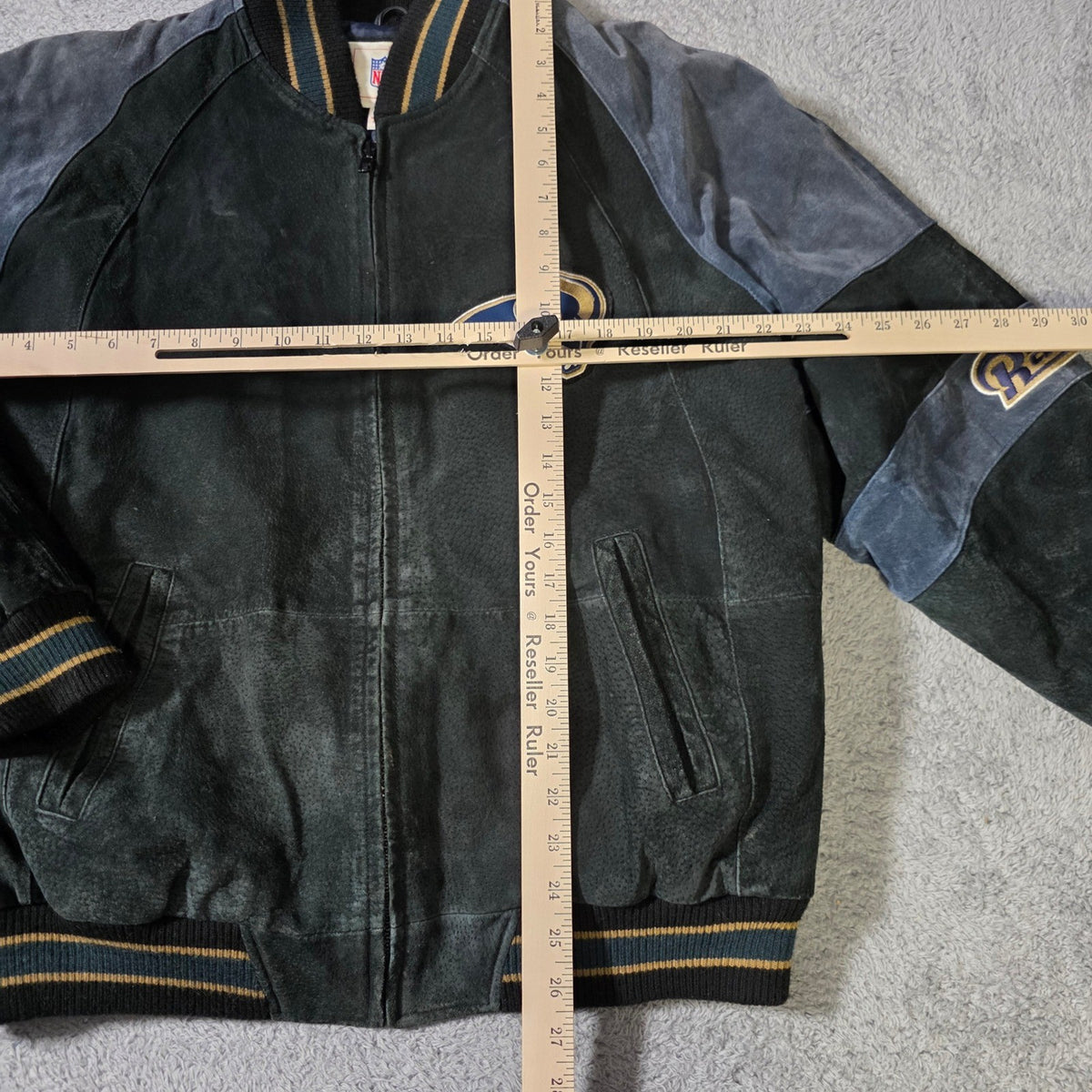 G-III NFL St. Louis Rams Suede Leather Varsity Jacket Green Blue Large