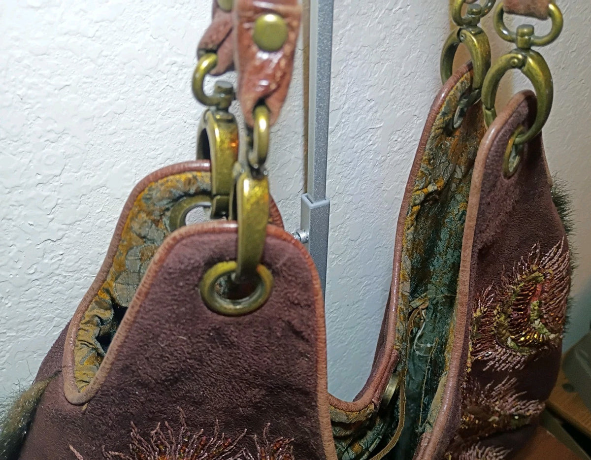 Ipa-Nima Burgundy Leather Beaded Paisley Shoulder Bag with Faux Fur Trim