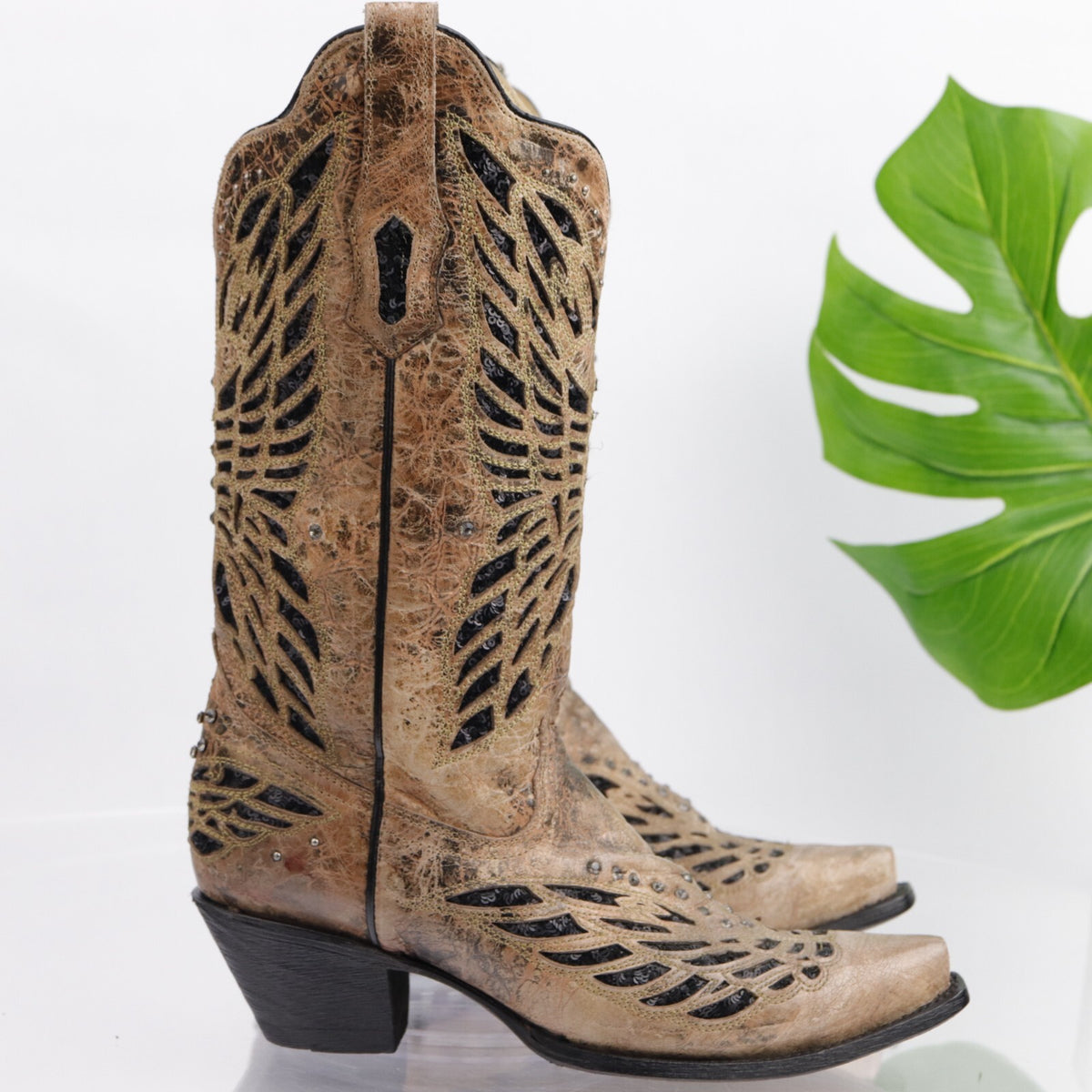 Corral Women's Cowboy Boot Size 8 Sequins Butterfly Distressed Brown Leather