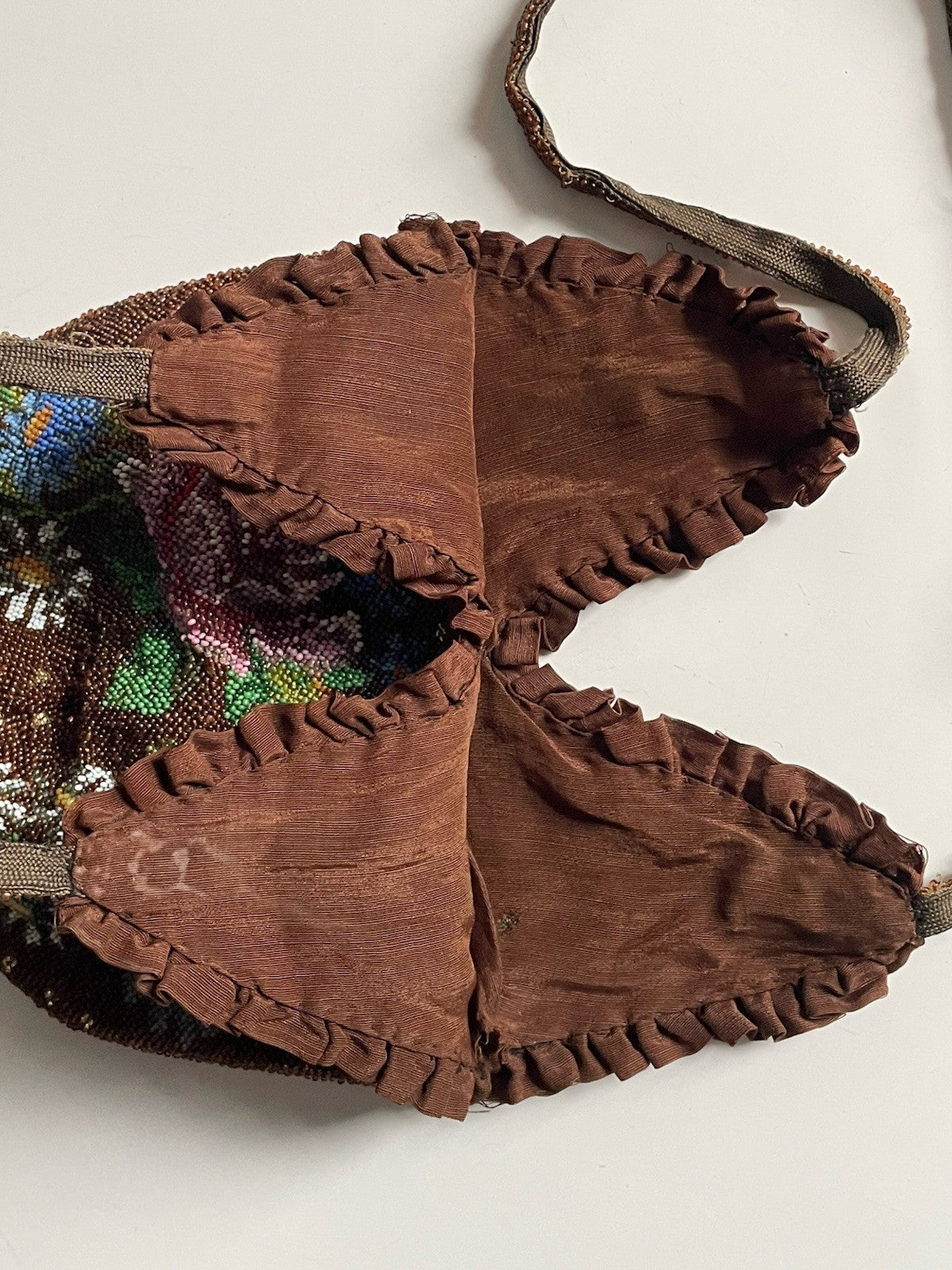 Antique Glass Seed Beaded Silk Lined Pouch Purse Floral Brown