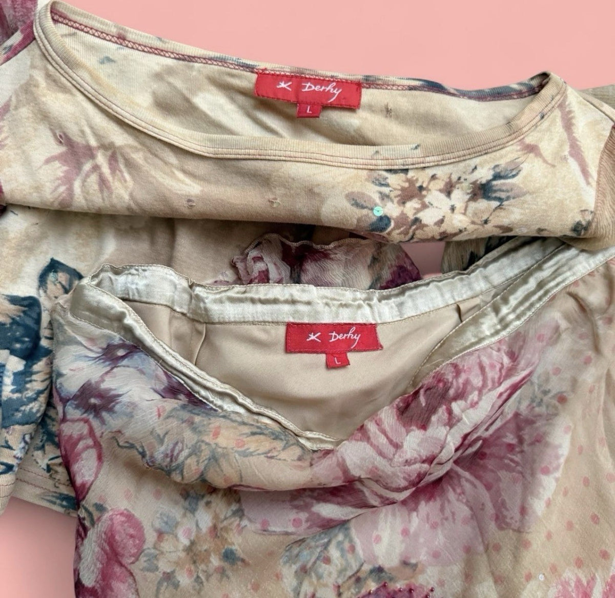 Rene Derhy Beige Floral Embellished Top and Skirt Set Large