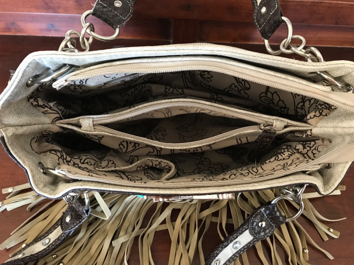 Western Studded Purse with Crossed Pistols, Fringe, Chains and Turquoise