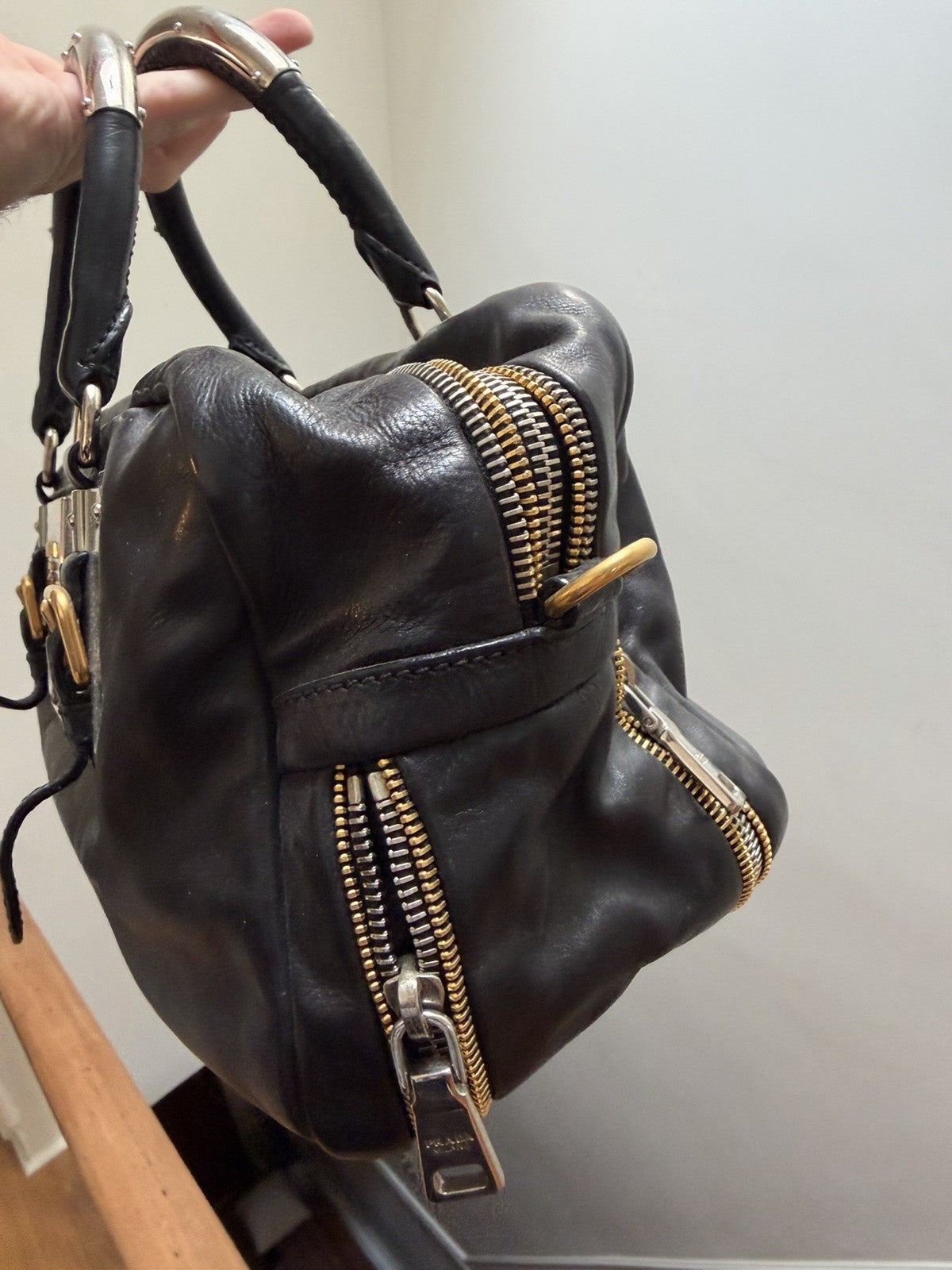 Prada Black Top Handle Bag with Gold Hardware