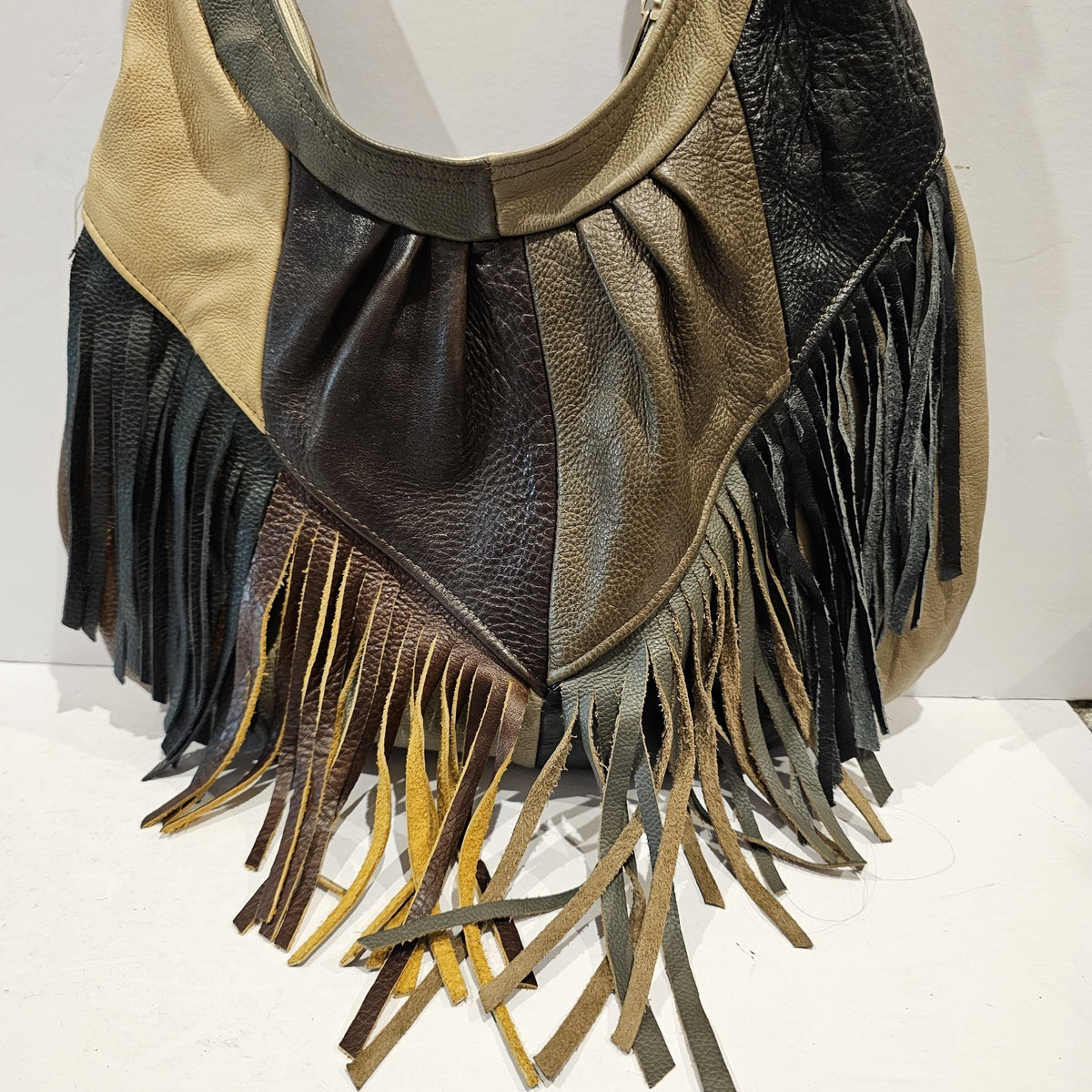 Vintage Leather Patchwork Fringe Hobo Bag