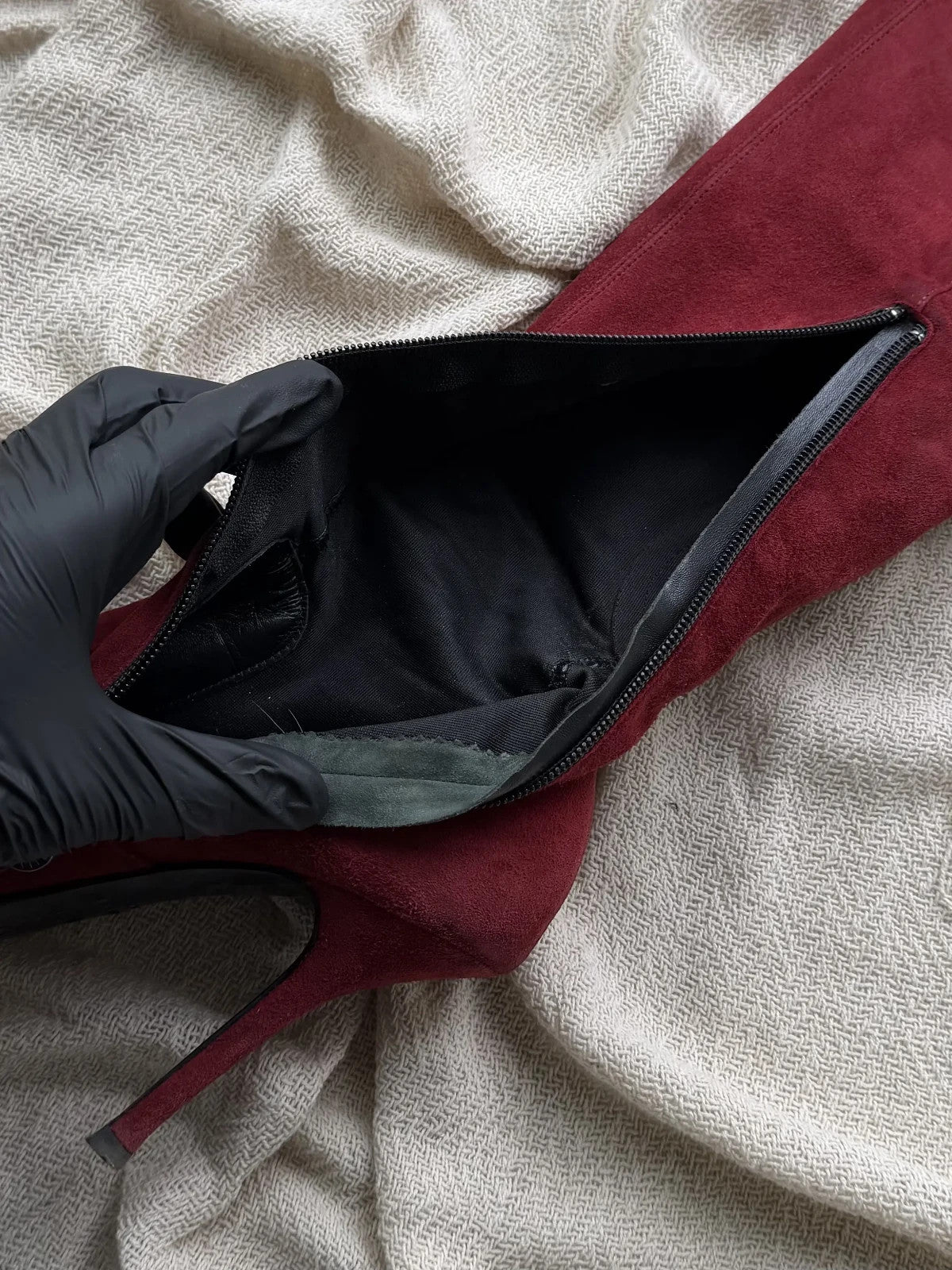 Vintage Burgundy Suede Knee High Boots Pointed Toe Stiletto Heels Lace Up