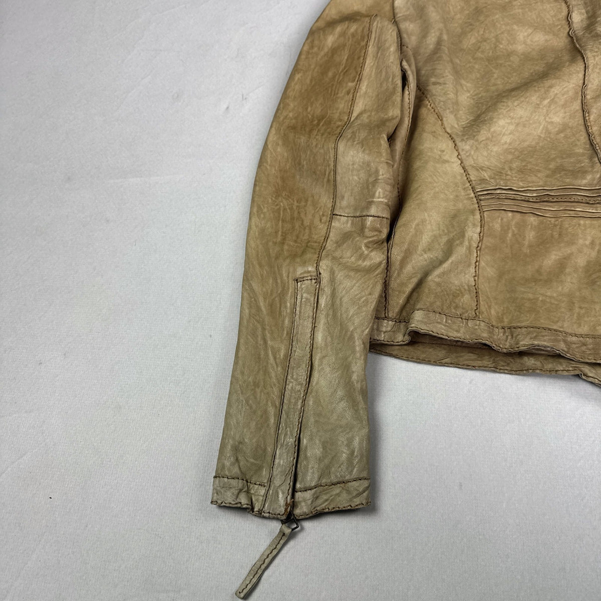Vintage Beige Genuine Leather Cropped Moto Jacket