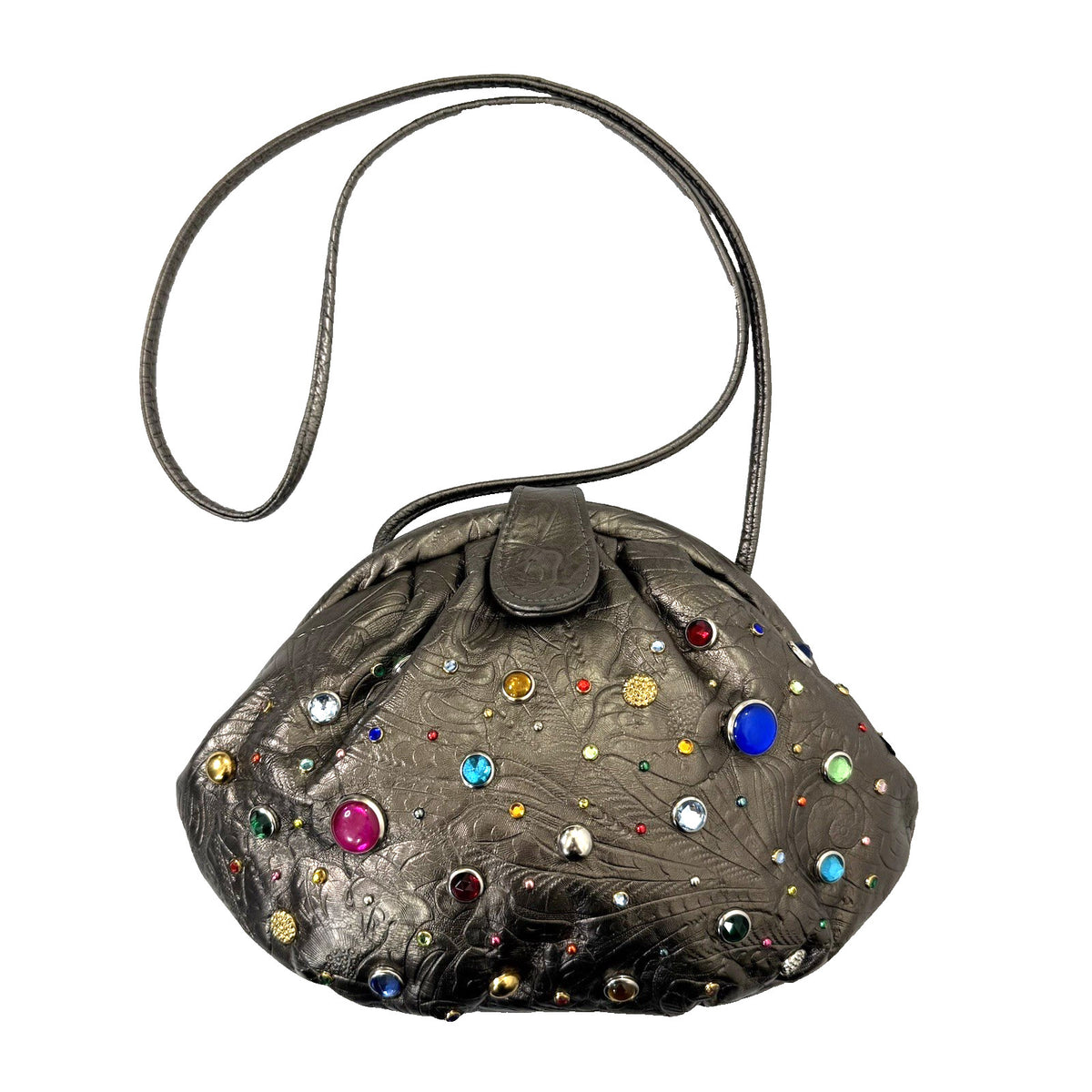 Pinky 1980s Bejeweled Leather Shoulder Bag Metallic Gemstones