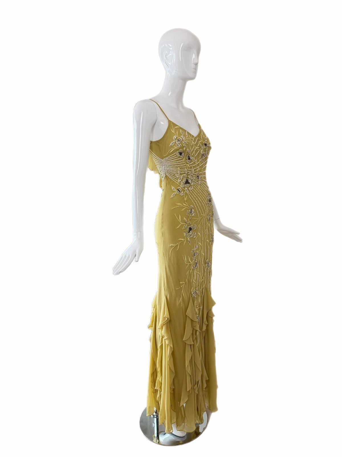 Sue Wong 2005 Chartreuse Silk Floral Beaded Ruffle Gown