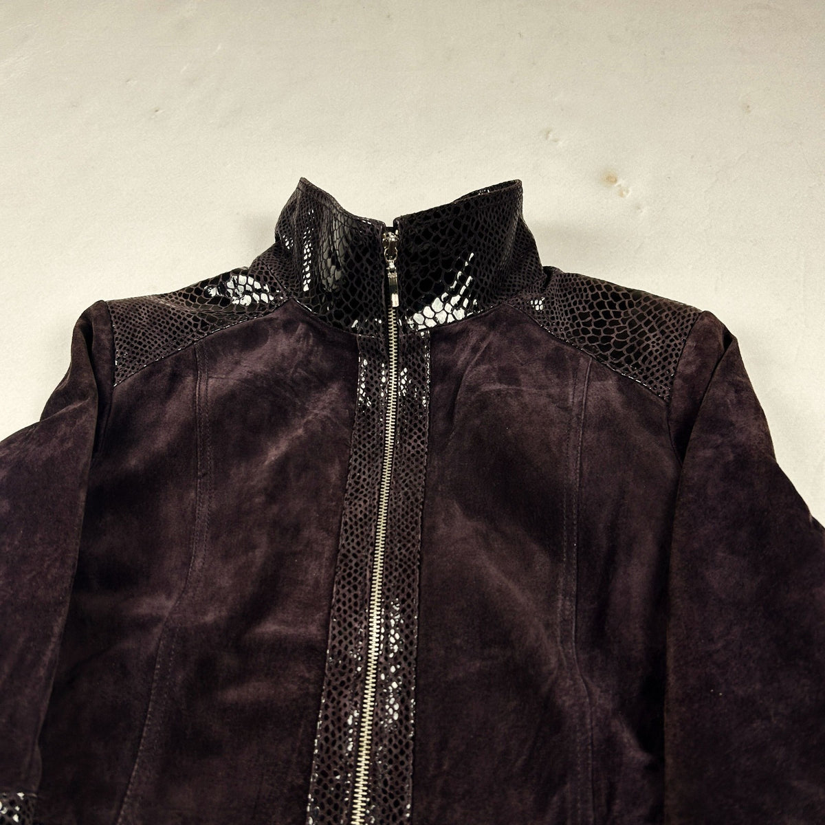 Vintage Y2K Genuine Suede Leather Jacket with Snakeskin Panel Moto
