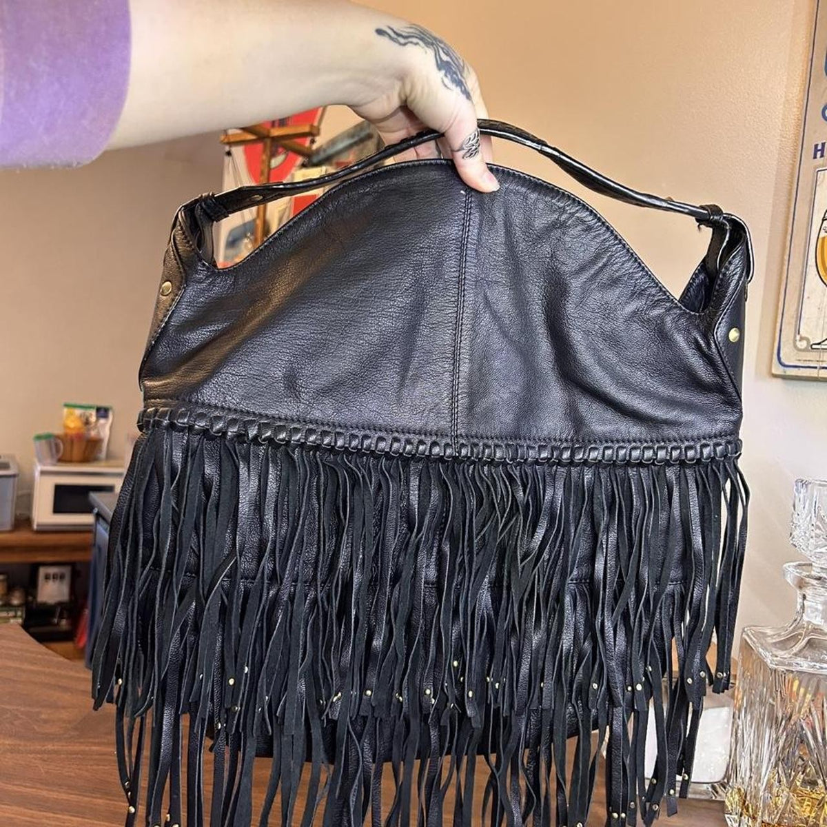 Vintage Black Leather Fringe Hobo Bag with Studs