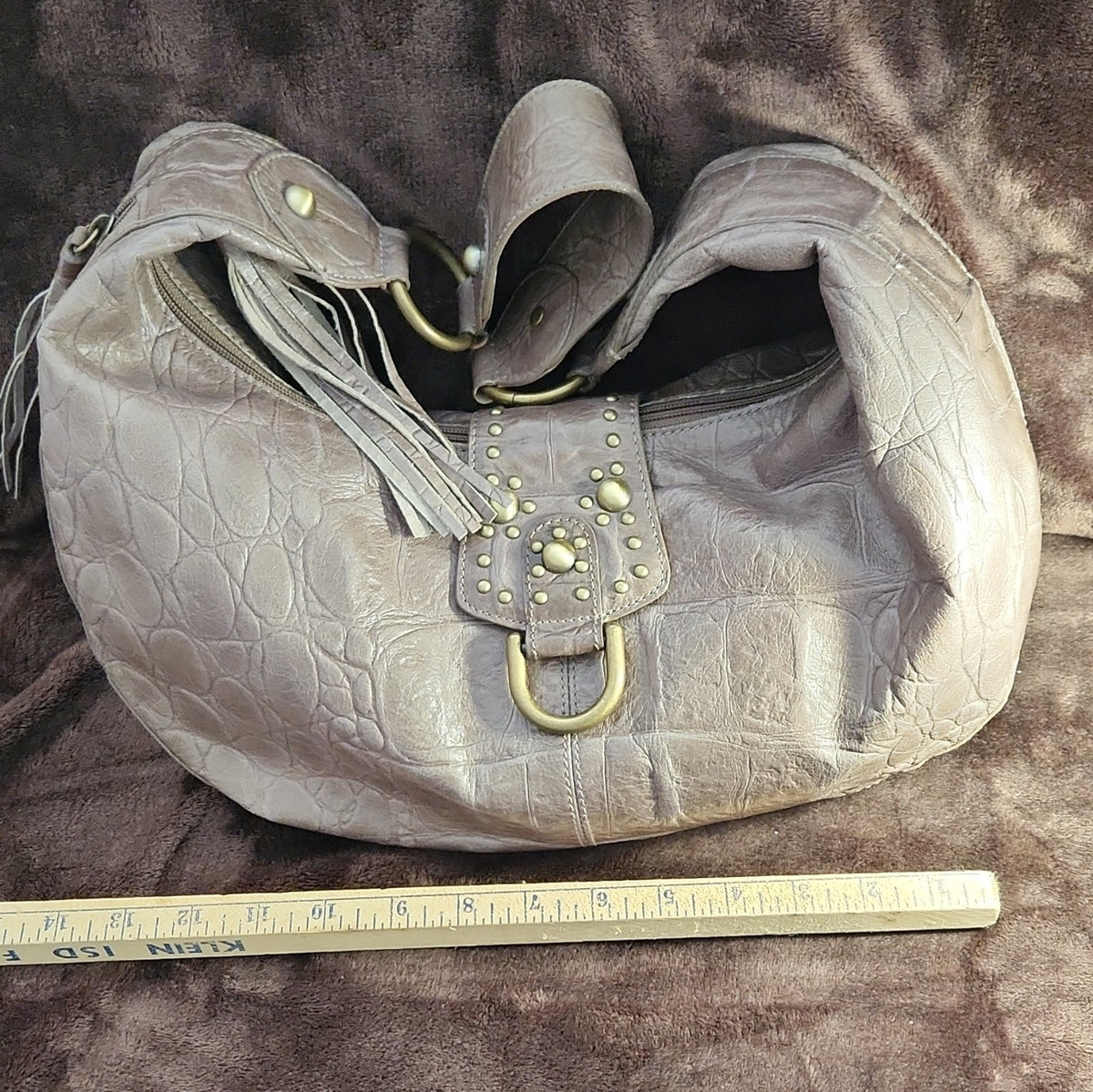 Kate Landry Grey Leather Embossed Hobo Shoulder Bag with Studded Tassel
