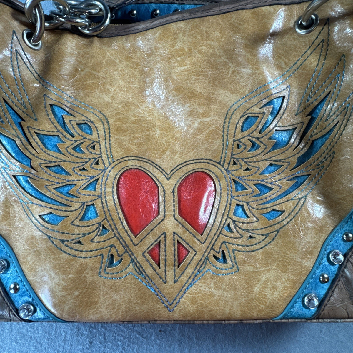 Blazin Roxx Winged Heart Peace Studded Southwestern Faux Leather Bag