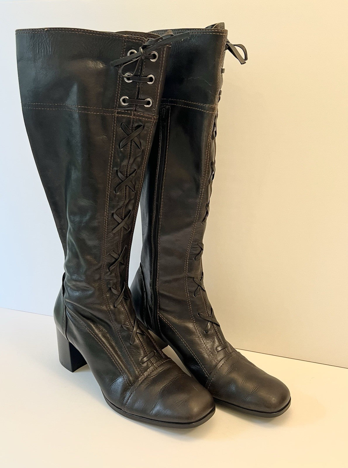 Vintage Brown Leather Lace Up Knee High Boots Women's 8.5