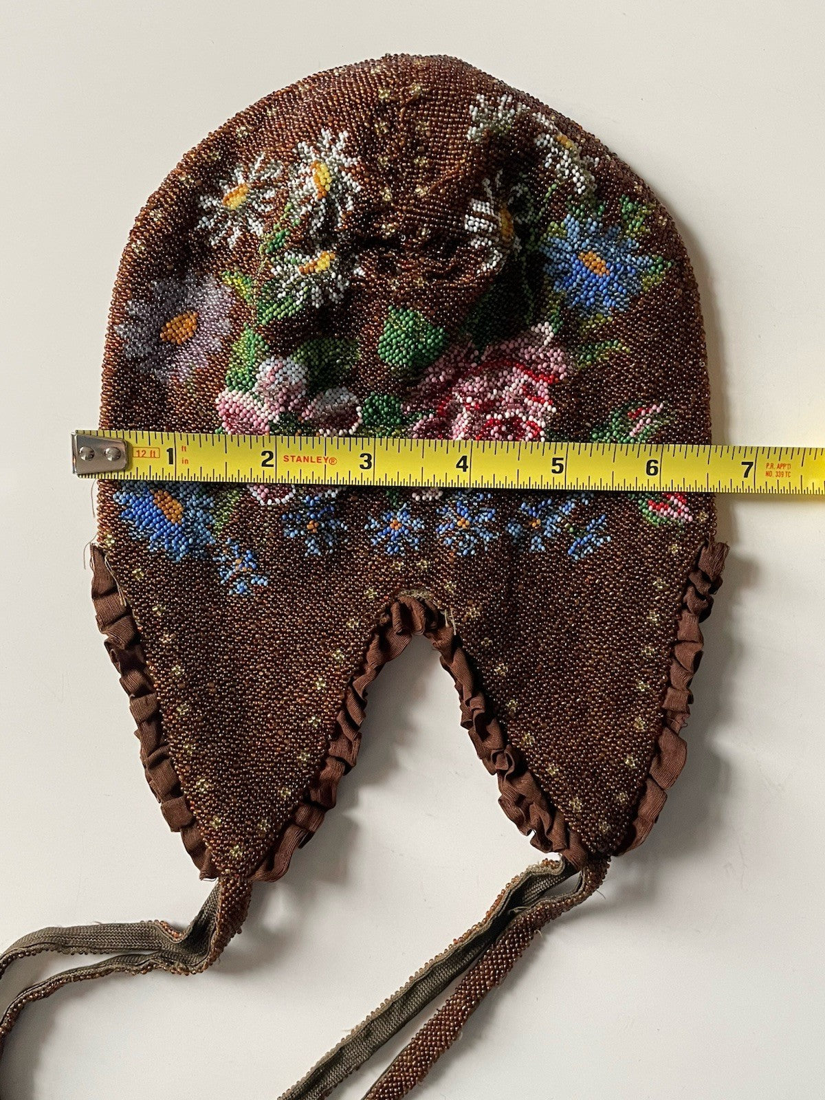 Antique Glass Seed Beaded Silk Lined Pouch Purse Floral Brown