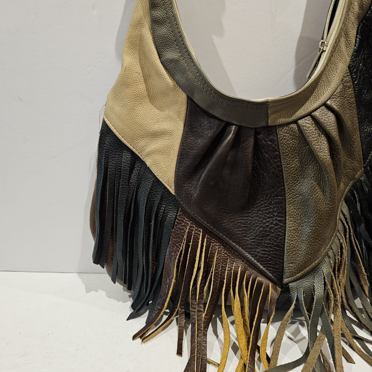 Vintage Leather Patchwork Fringe Hobo Bag