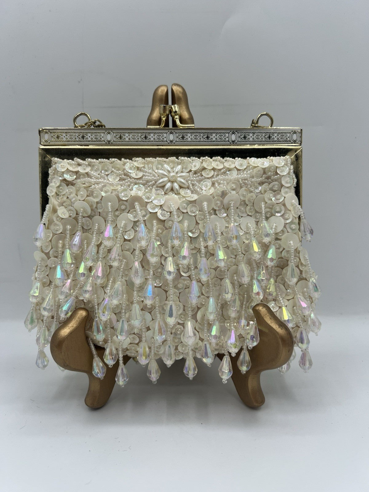 Vintage Evening Bag White/Cream Beaded Clutch Purse W/Chain Handle - Hong Kong