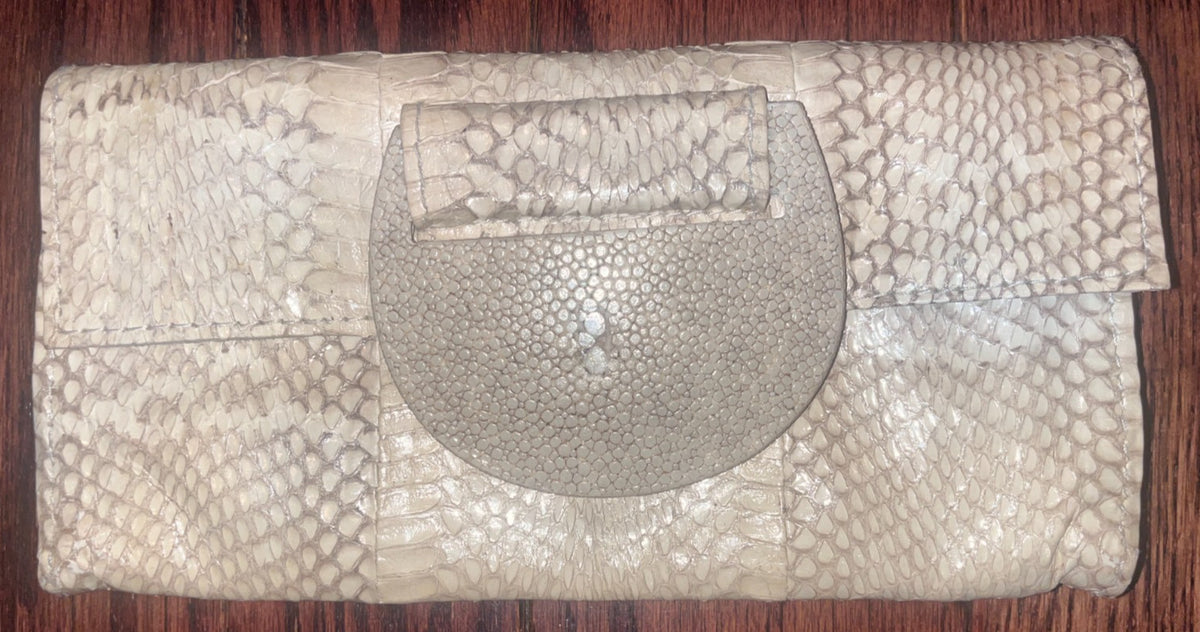 R&Y AUGOUSTI Python Snake Skin Leather Snap Wallet Clutch Ivory Brown Vintage