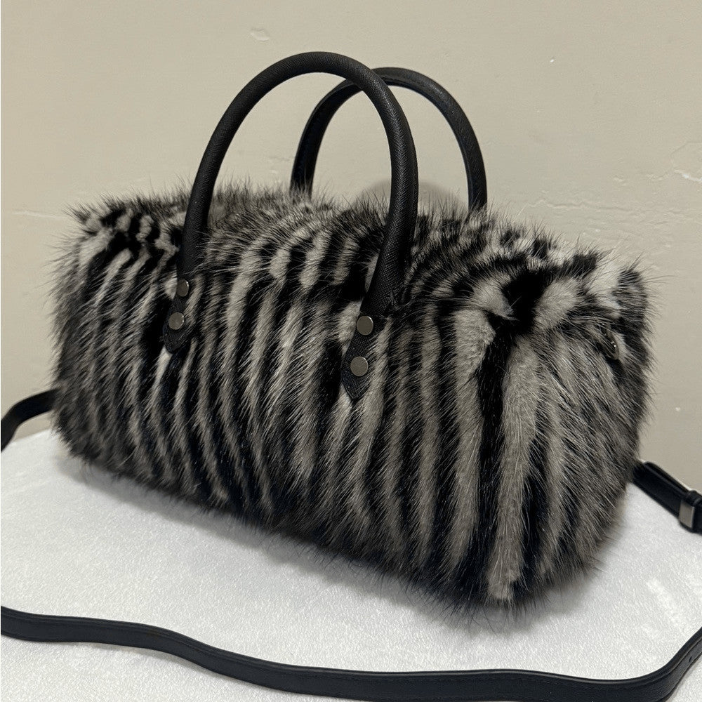 Genuine Mink Fur Pillow Bag with Top Handles and Crossbody Strap