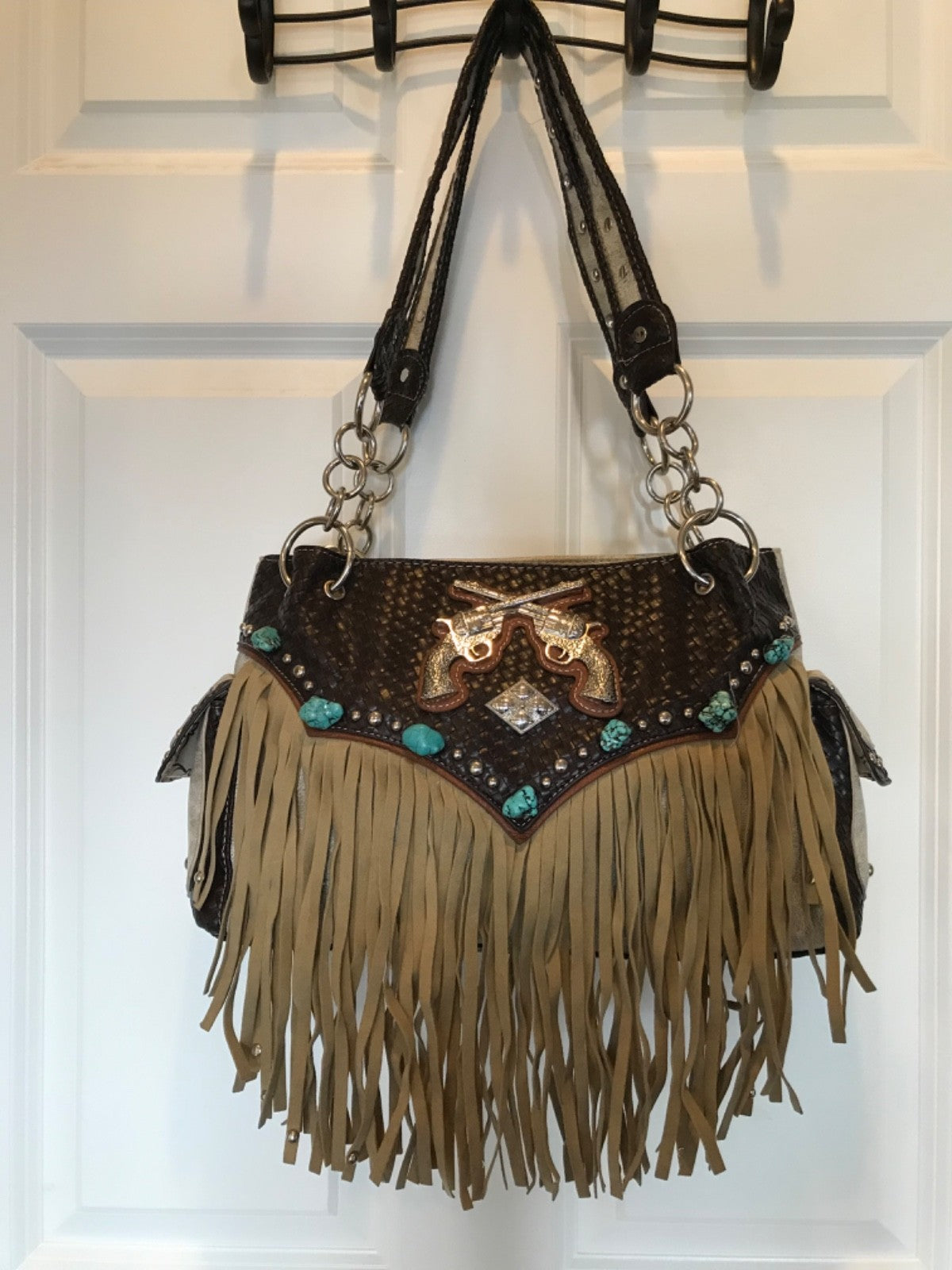 Western Studded Purse with Crossed Pistols, Fringe, Chains and Turquoise