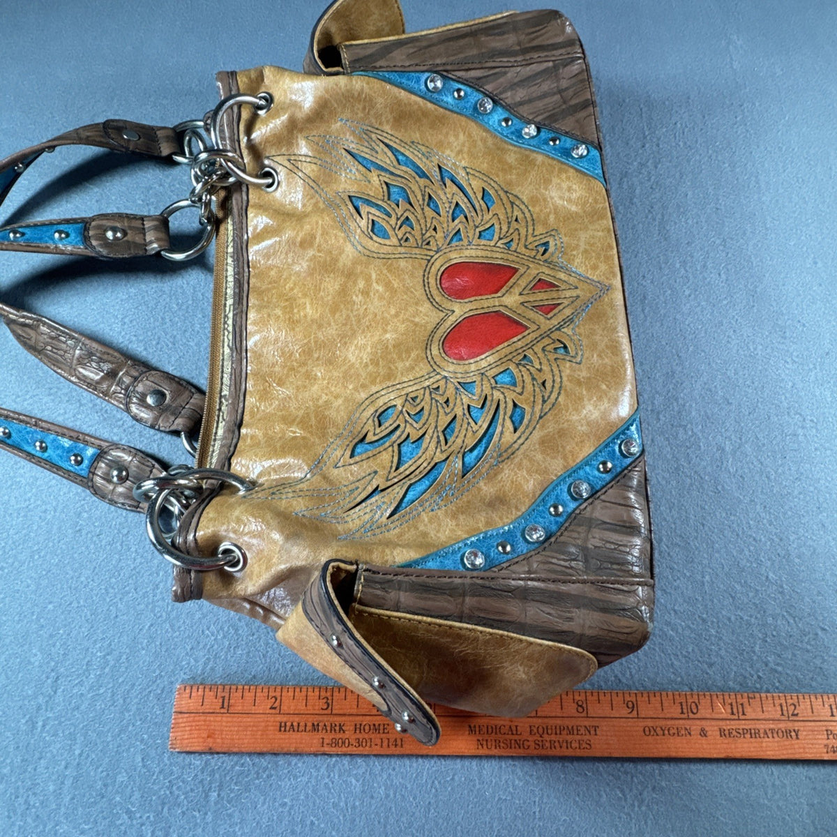 Blazin Roxx Winged Heart Peace Studded Southwestern Faux Leather Bag