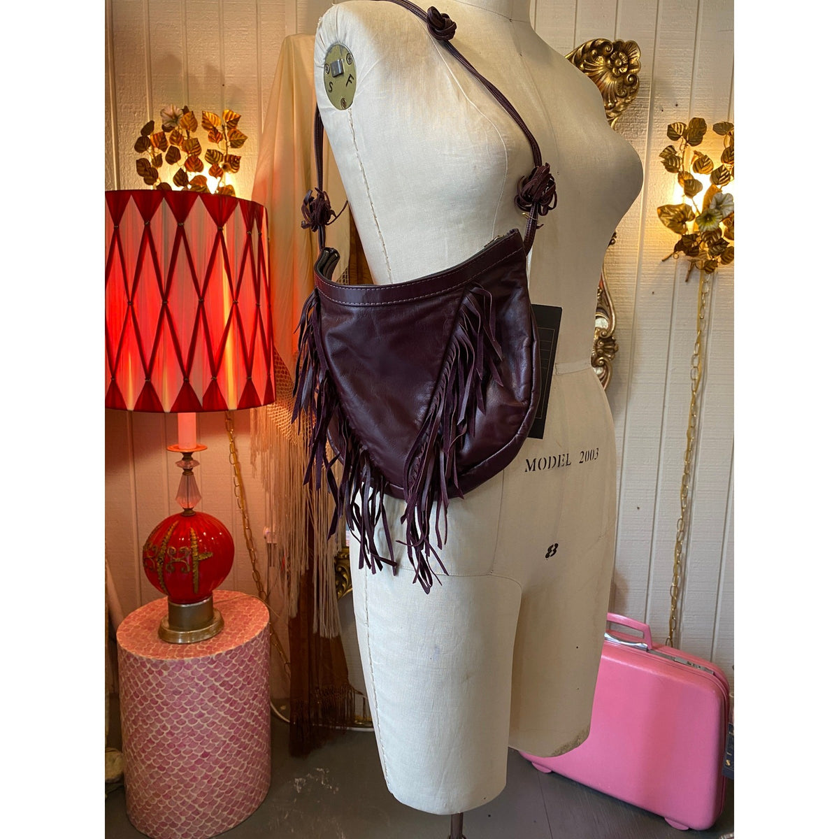 Vintage 1980s Maroon Leather Fringe Hobo Bag
