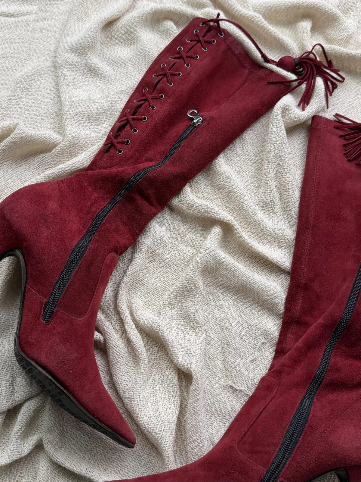 Vintage Burgundy Suede Knee High Boots Pointed Toe Stiletto Heels Lace Up