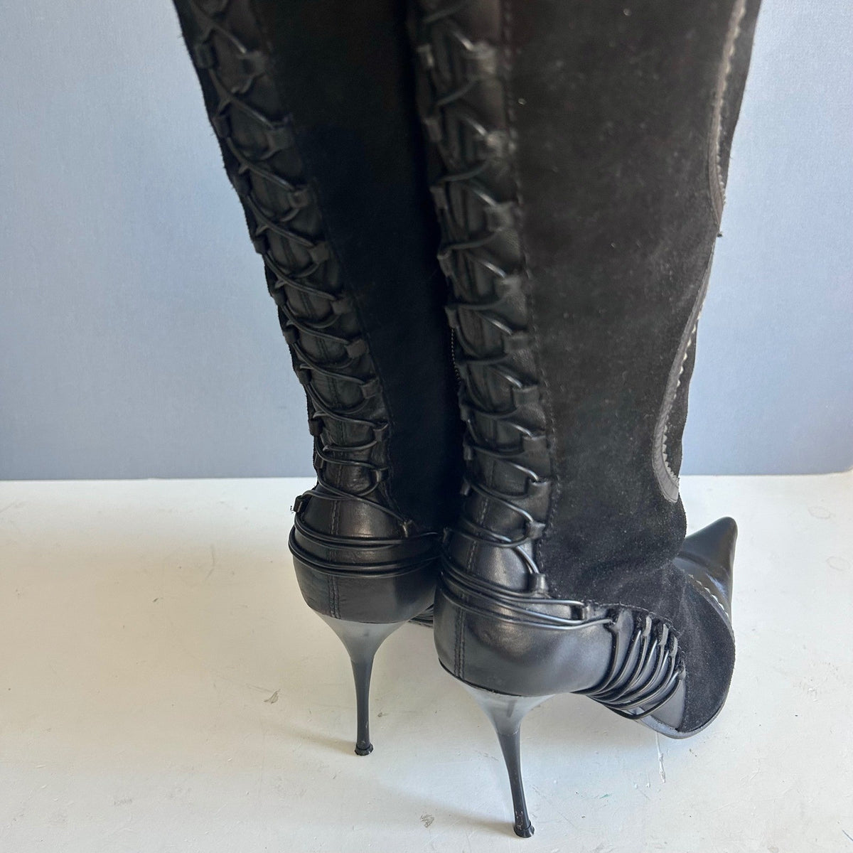 Aldo Tall Lace-Up Heeled Boots Black Pointed Toe Stiletto Knee