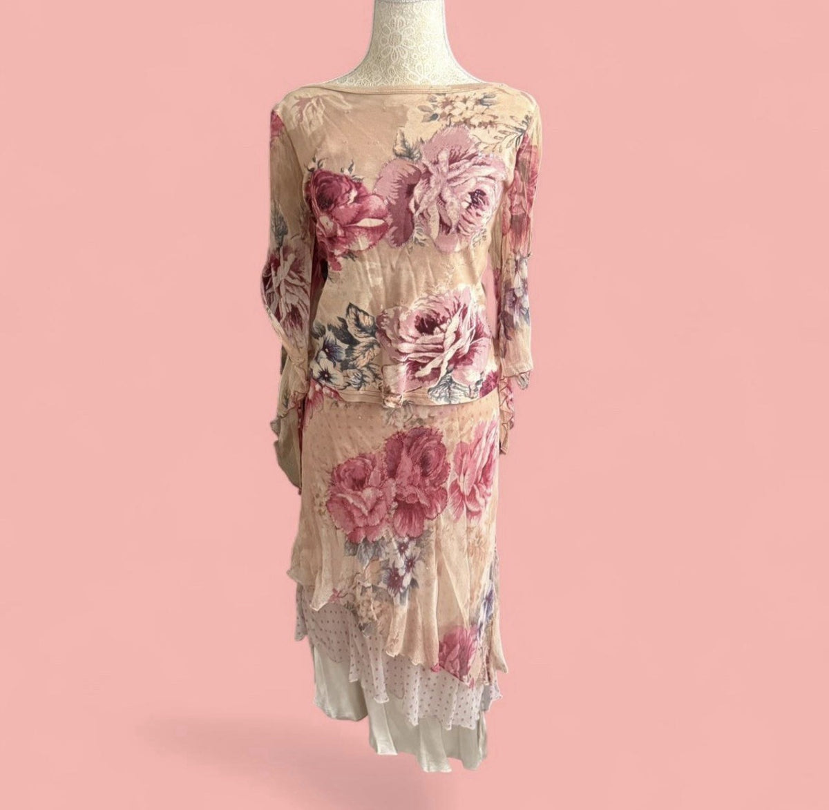 Rene Derhy Beige Floral Embellished Top and Skirt Set Large