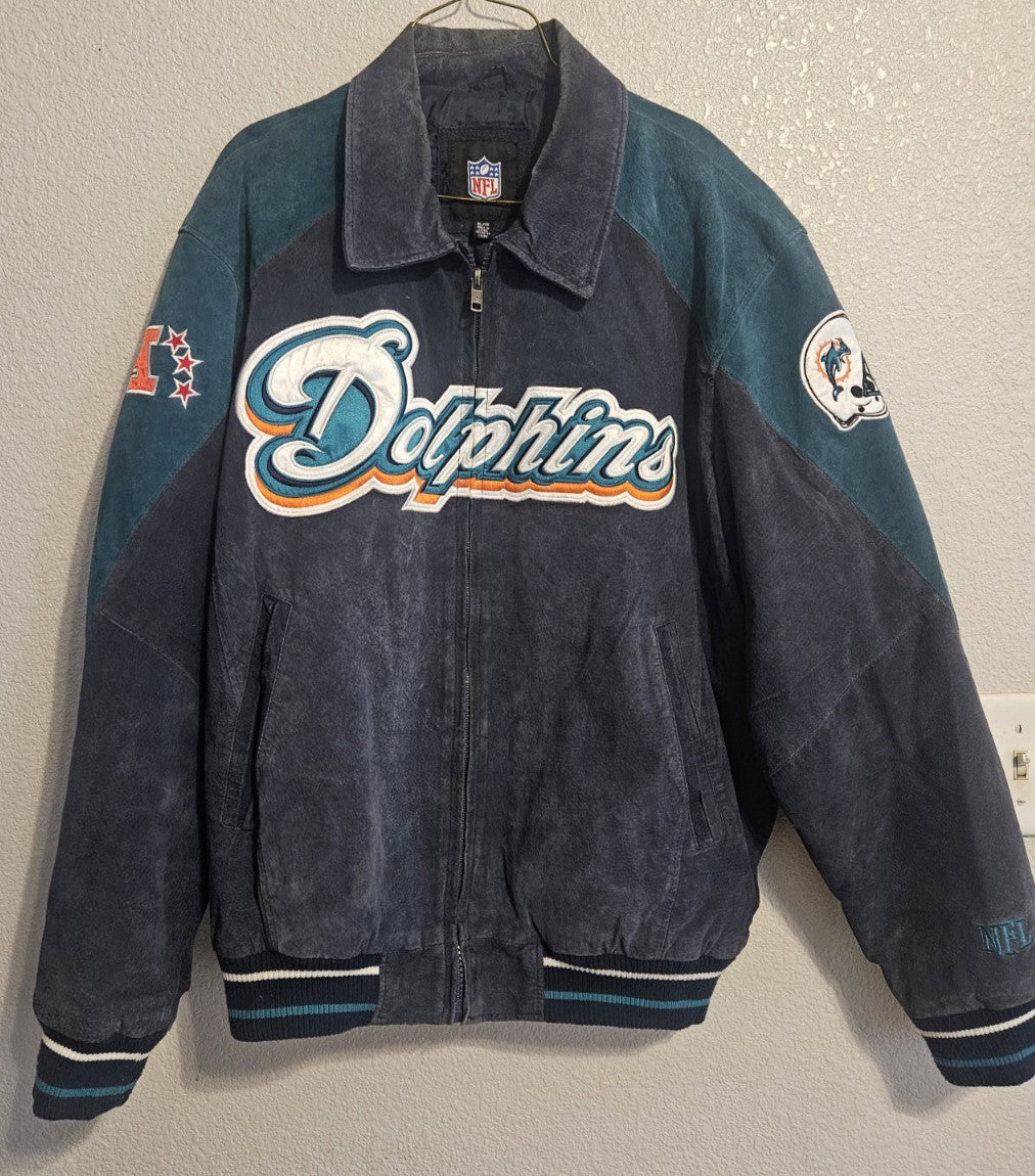 G-III Apparel Vintage NFL Miami Dolphins Leather Suede Bomber Jacket XL