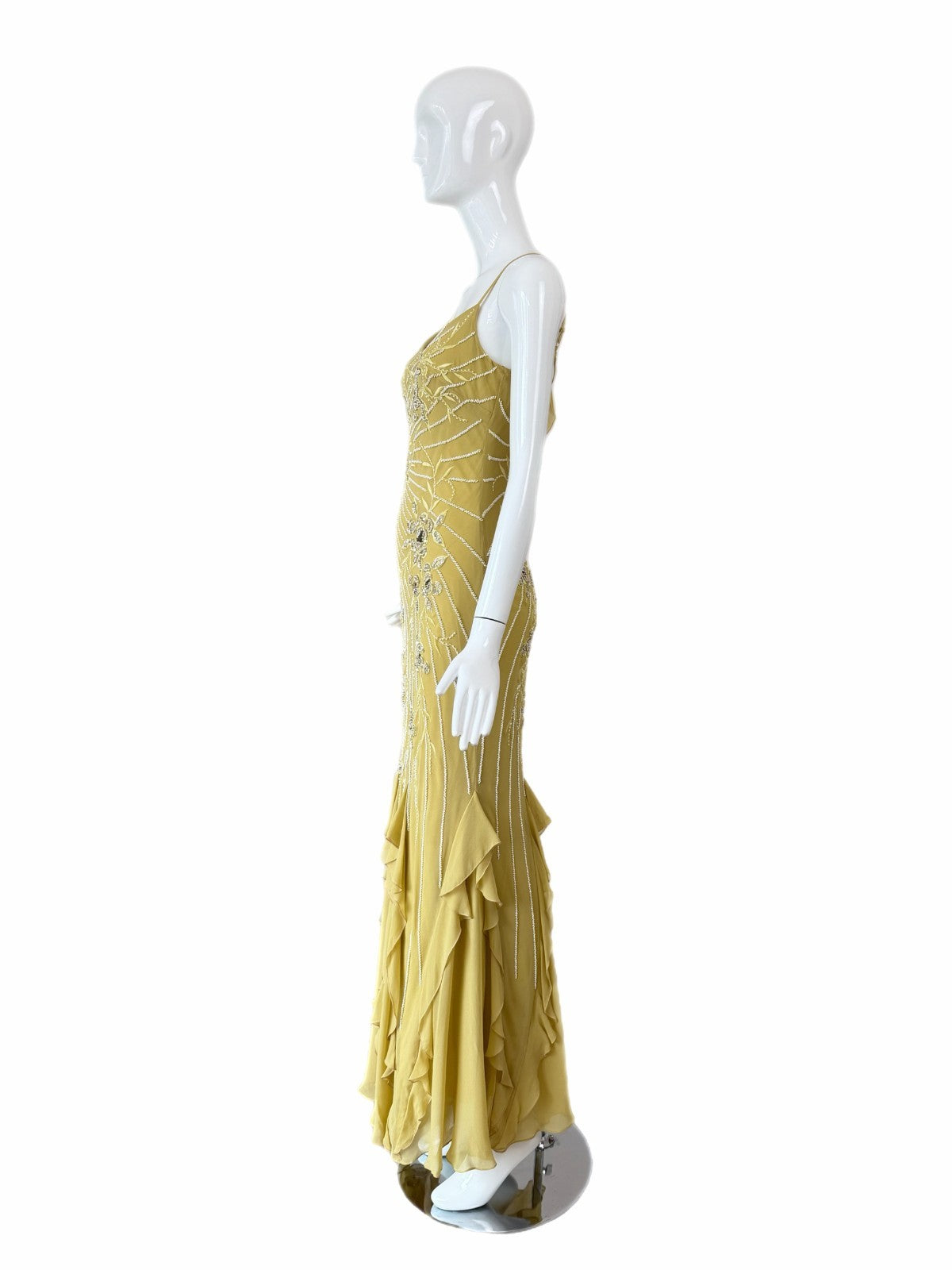 Sue Wong 2005 Chartreuse Silk Floral Beaded Ruffle Gown